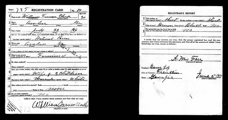 William Farmer Clarke's WWI Draft Registration Card - Dated June 5, 1917.