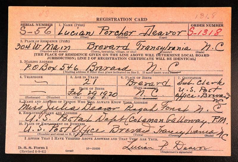 World War II Draft Registration Card for Lucian Porcher Deavor.