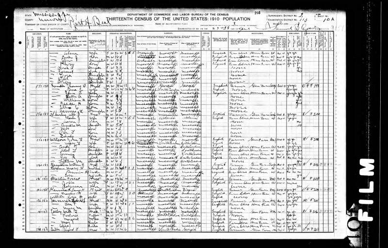 1910 U.S. Census. Thomas Oney Randle's family begins on line 10. (His mother, Winnie Angeline Hardy Randle, appears on line 18