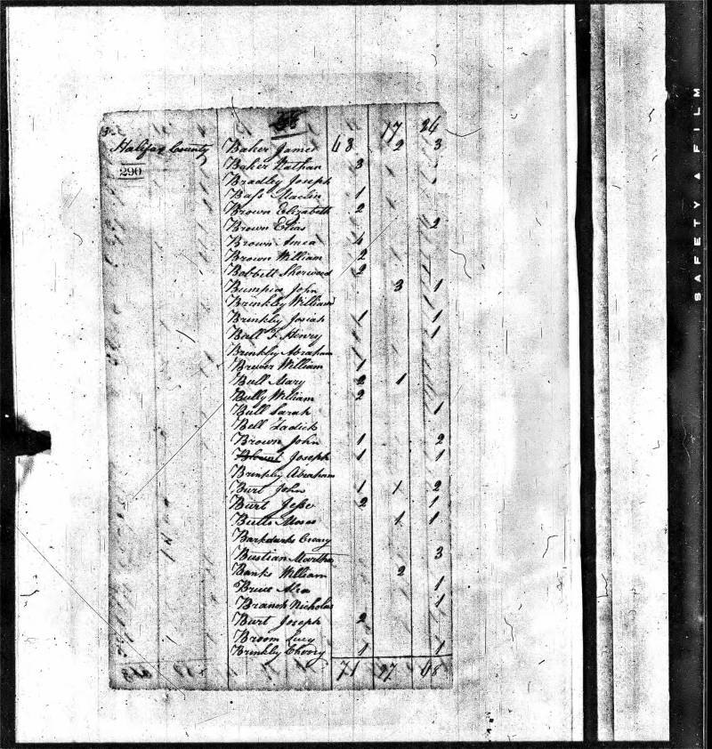 1800 U.S. Census. Sarah Bull is the 18th name listed. Source citation: Year: 1800; Census Place: Hallifax, Halifax, North Carolina; Series: M32; Roll: 30; Page: 290; Image: 292; Family History Library Film: 337906