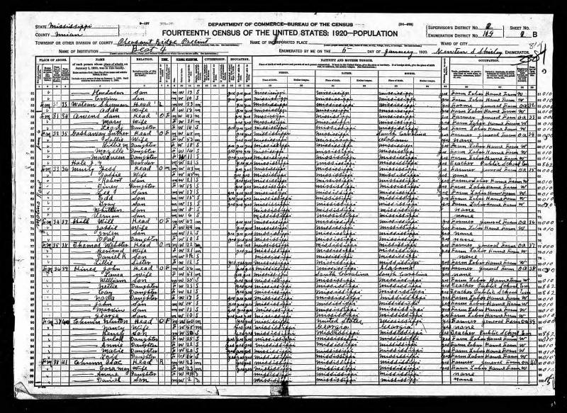 1920 U.S. Census. Newton Jasper Chunn's family begins on line 90.