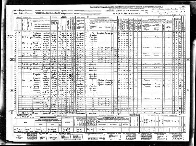 1940 U.S. Census. Jesse T.J. Clarke's family begins at line 16. Wylie & Maggie Clark are listed on line 6.