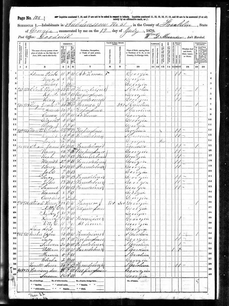 1870 U.S. Census. Christian Adams' family continues at top of page.