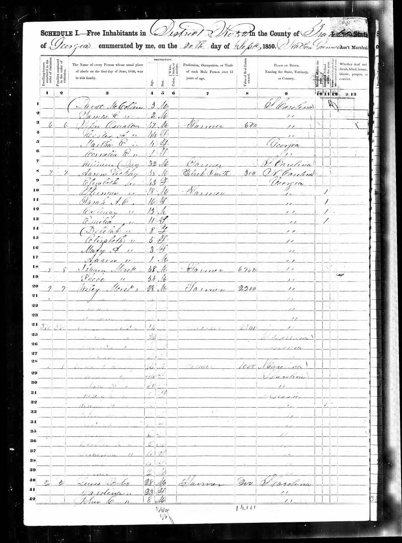 1850 United States Federal Census. Henry W. Hardy's family begins at line 28; but is barely legible.