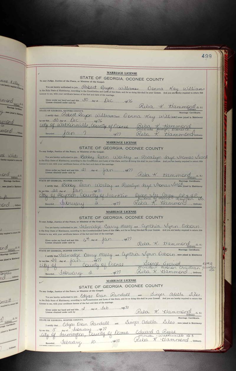 The marriage license & certificate for Edgar Oran Randall and Ginger Adella Giles is the bottom entry.