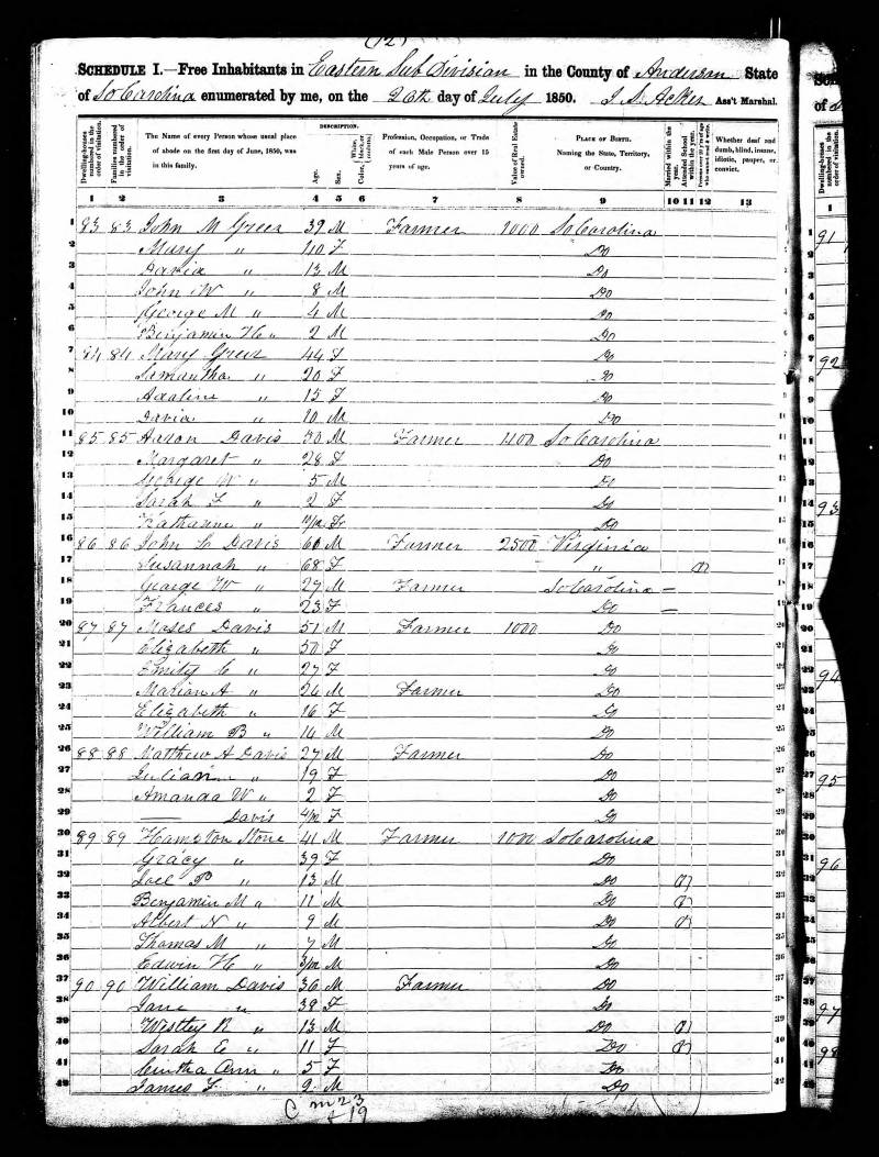 1850 U.S. Census. John L. Davis' family begins on line 16.
