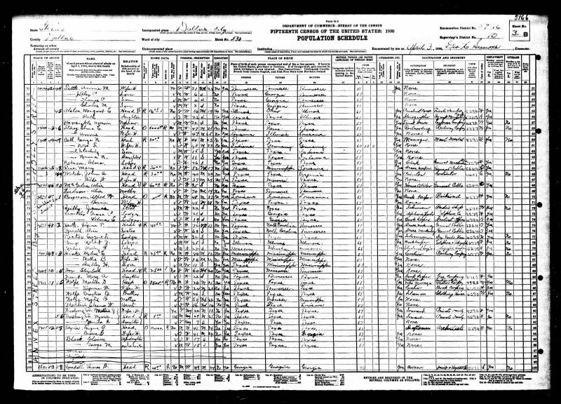 1930 U.S. Census. Thomas D. Randall's family begins at the bottom of the page at line 100.