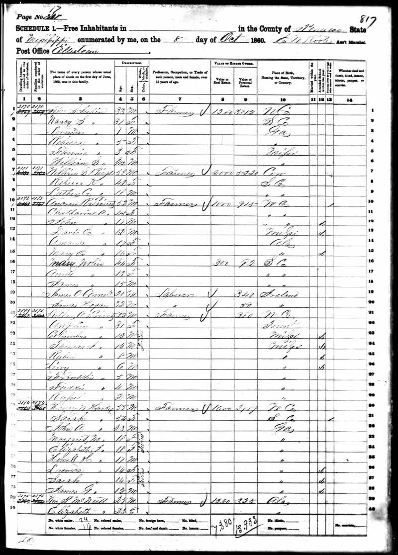 1860 U.S. Census. Henry W. Hardy's family begins on line 30.