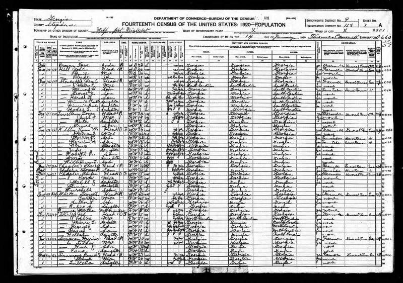 1920 U.S. Census. Russell O. Simmons's family begins on line 48.