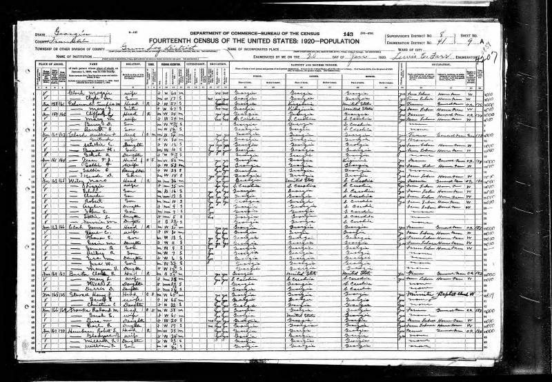 1920 U.S. Census. Jesse T.J. Clark's family begins at line 14. His son, William Farmer Clark's family appears immediately prior - beginning at line 9.