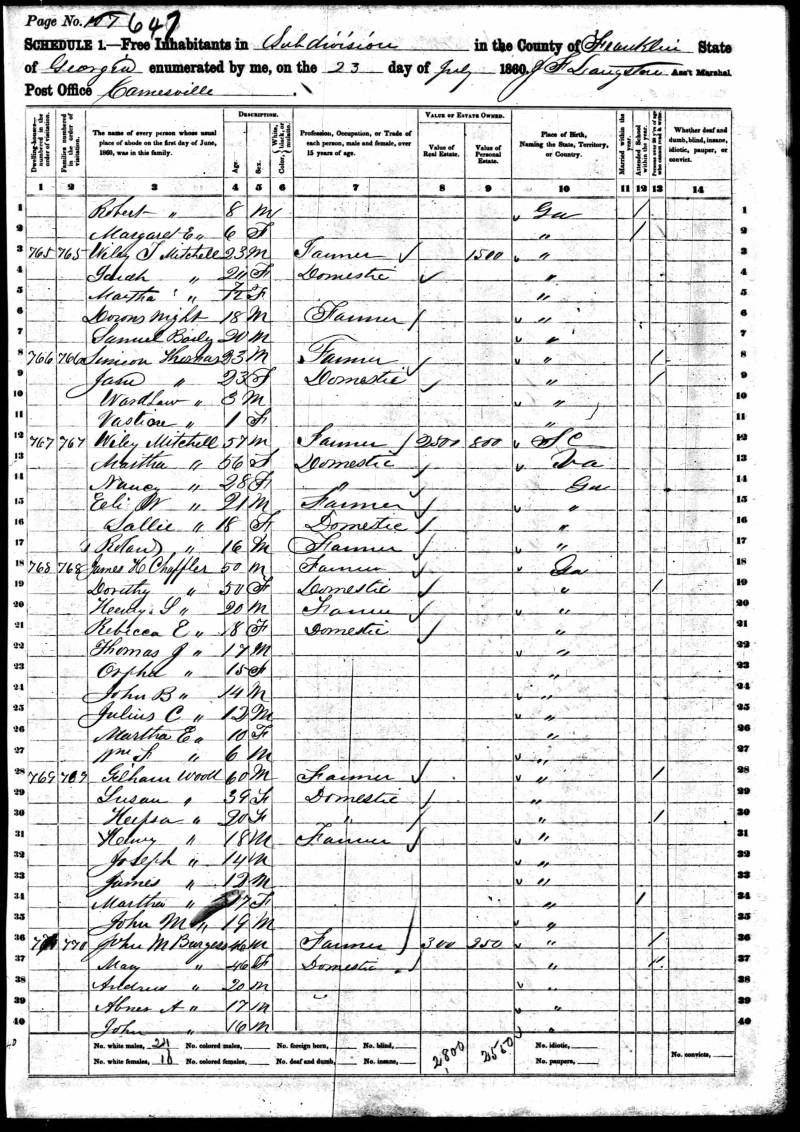 1860 U.S. Census. Wiley Mitchell appears on line 12.
