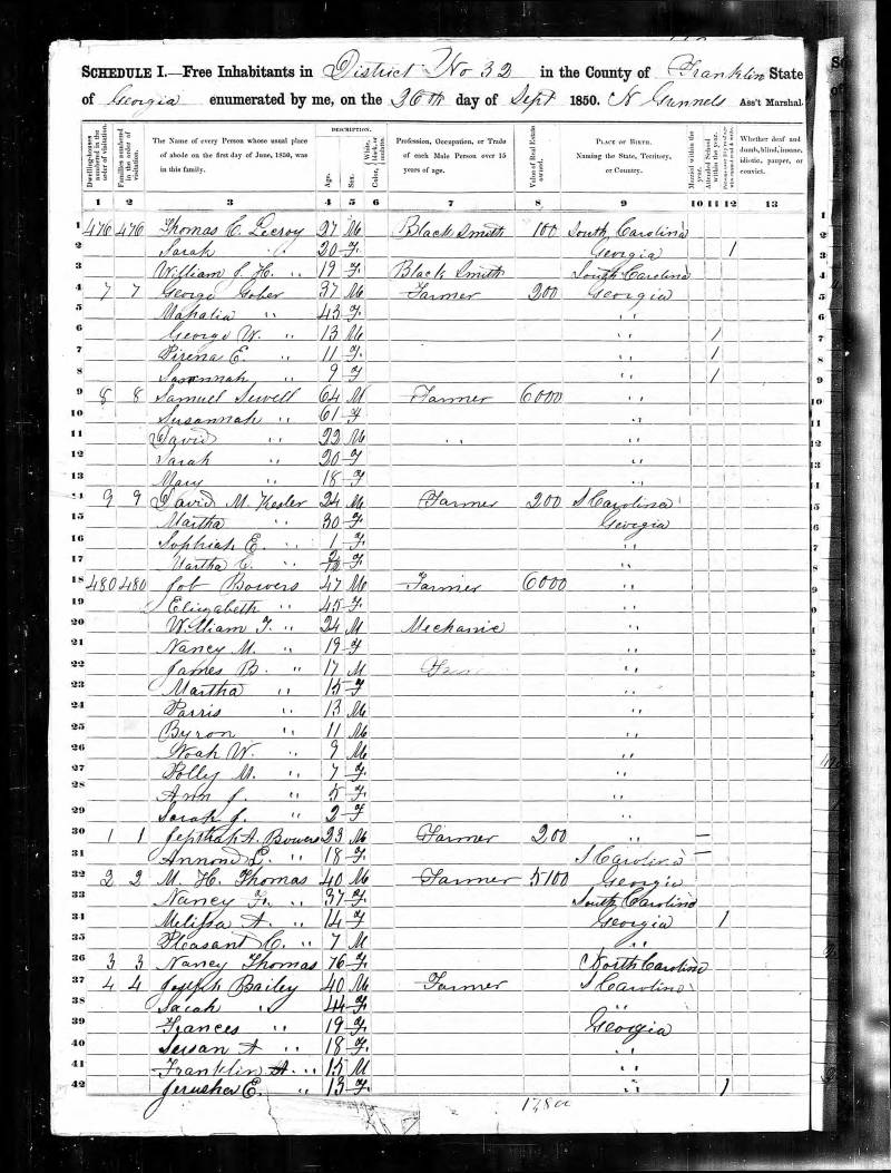 1850 U.S. Census. Samuel Sewell's family begins on line 9.