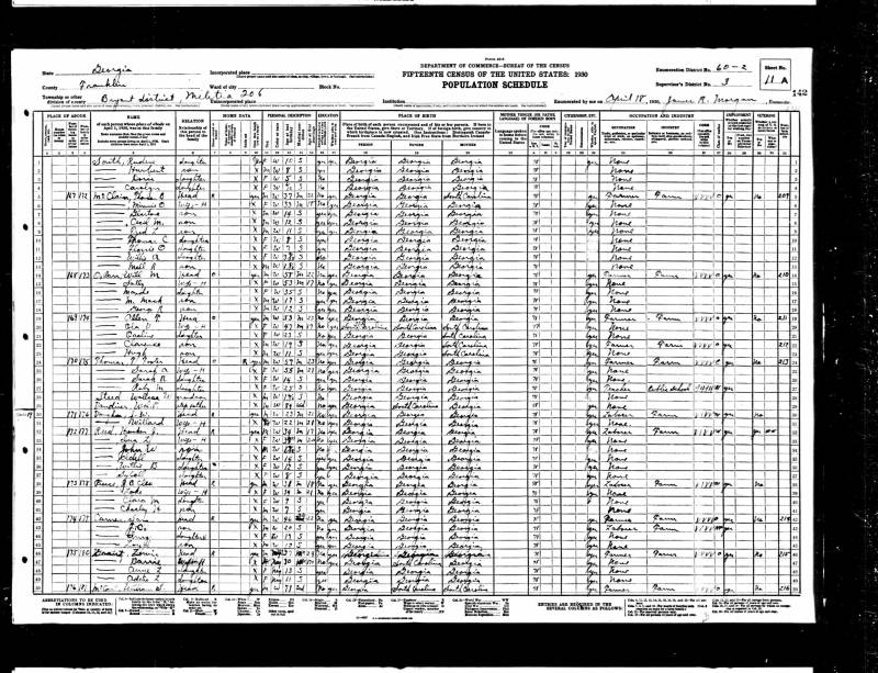 1930 United States Federal Census - Bryants District. Thomas Bonner McClain's family begins at line 5.