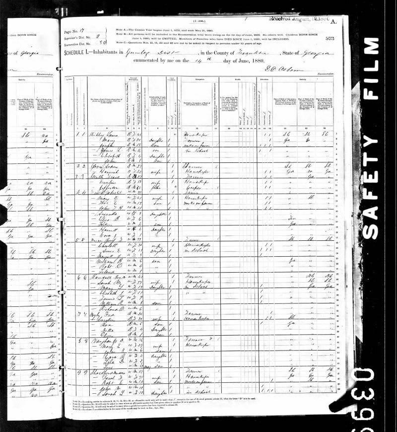 1880 U.S. Census. Ira W. Randall's family begins at line 28.