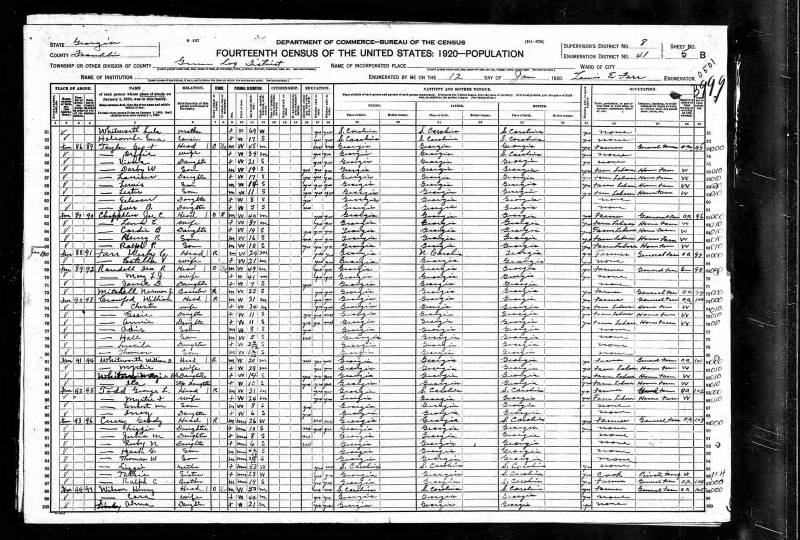 1920 U.S. Census. Ira Robert Randall's family begins on line 69.