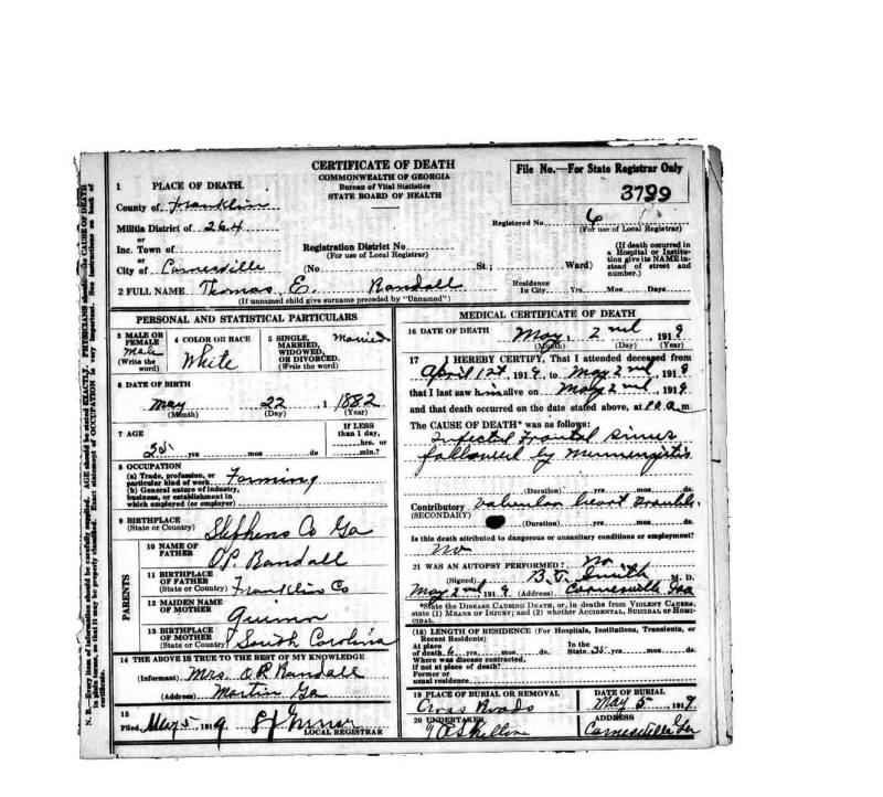 Death Certificate for Thomas Estes Randall.
