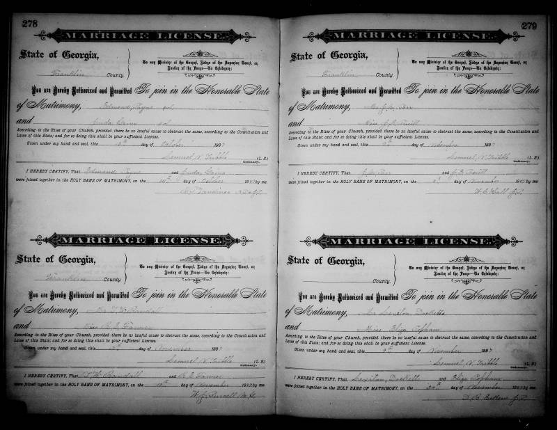 Marriage License for T.W. Randall and R.E. Farmer. Nov. 17, 1887. \\ Source: "Georgia, County Marriages, 1785-1950," database with images, FamilySearch (https://familysearch.org/pal:/MM9.3.1/TH-1942-25509-1337-8?cc=1927197 : accessed 26 January 2016), 0365742 (005190952) > image 185 of 603; county courthouses, Georgia.