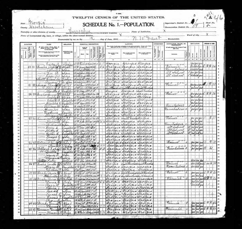 1900 U.S. Census. James Franklin Mealer Brady's family begins on line 47. Notice that James E. Brady's family appears on line 37. And Alvin Brady's family begins on line 39.