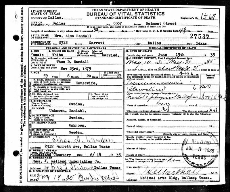 Death Certificate for Alma Sandahl Randall.