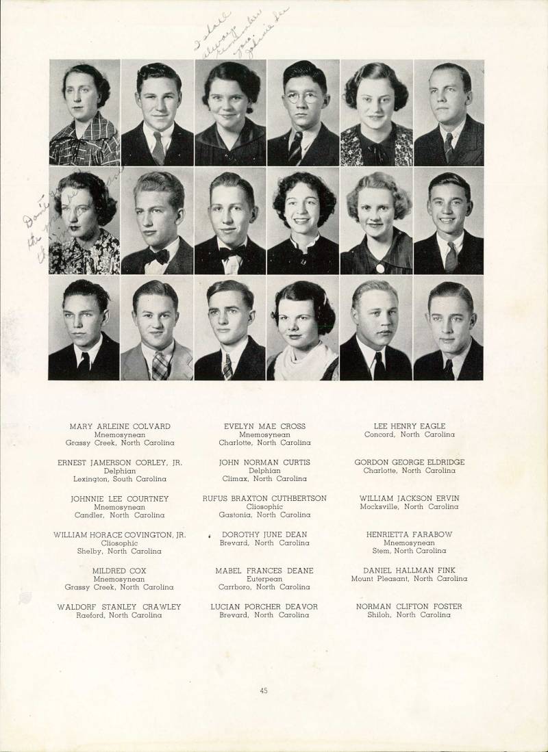 Lucian Porcher Deavor (2nd row, last column); Freshman photo from 1937 Brevard College yearbook of Brevard, NC. Available online at https://archive.org/details/pertelote1937brev