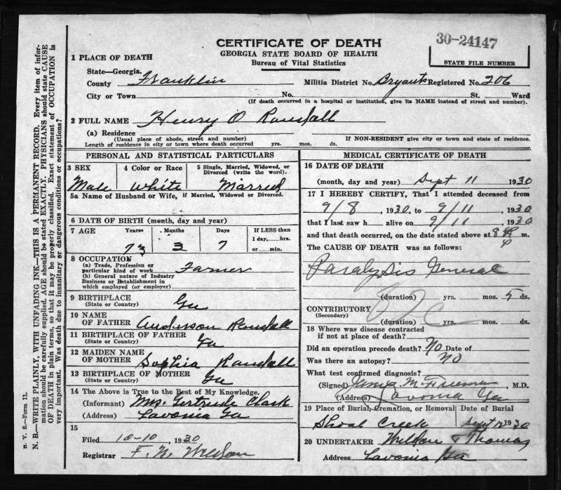 Death Certificate for Henry Oran Randall. He died on Sept. 11, 1930 at 8:00pm, from "Paralysis General".