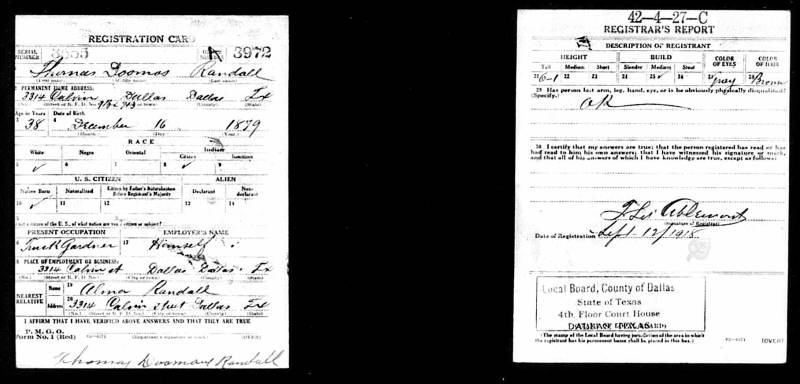 Thomas Doomous Randall - World War I Draft Registration Card. Notice that his name is spelled differently than his signature (at the bottom of the card) because the information was recorded by someone else (who also signed the card at the end).