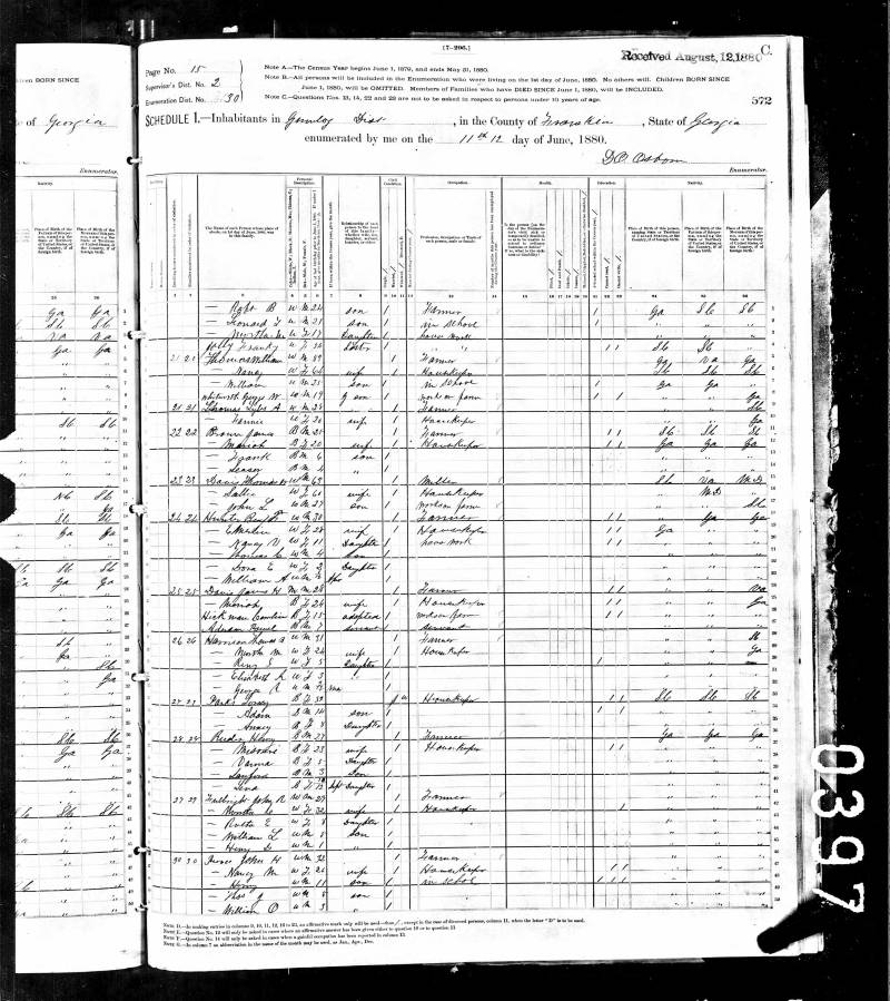 1880 U.S. Census. Thomas W. Davis' family begins on line 15.
