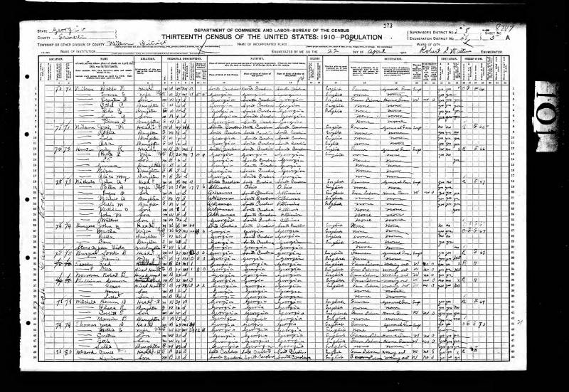 1910 U.S. Census. Zachariah D. Thomas' family begins on line 44.