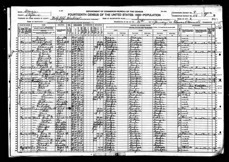 1920 U.S. Census. Russell O. Simmons's family continues on line 51.