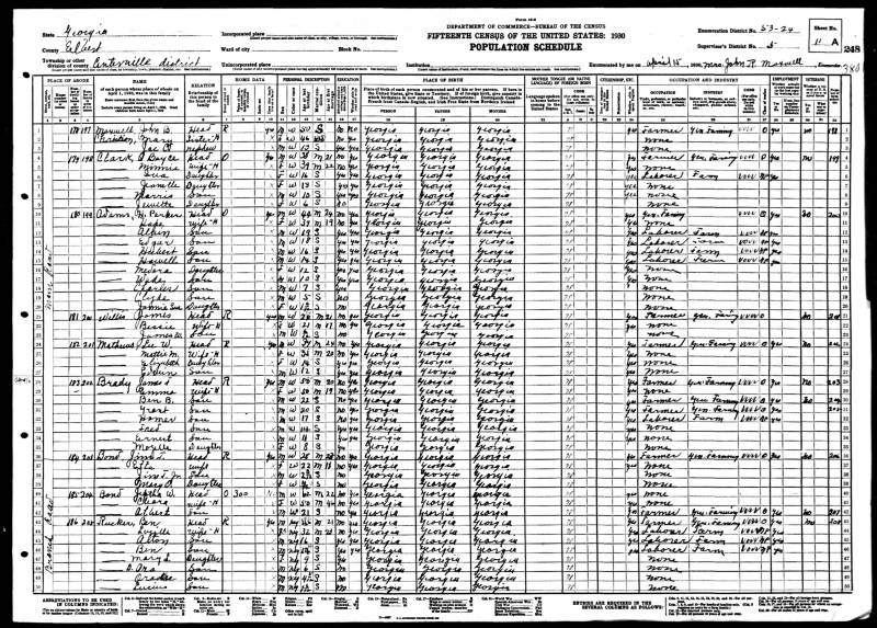 1930 U.S. Census. James Franklin Mealer Brady's family begins on line