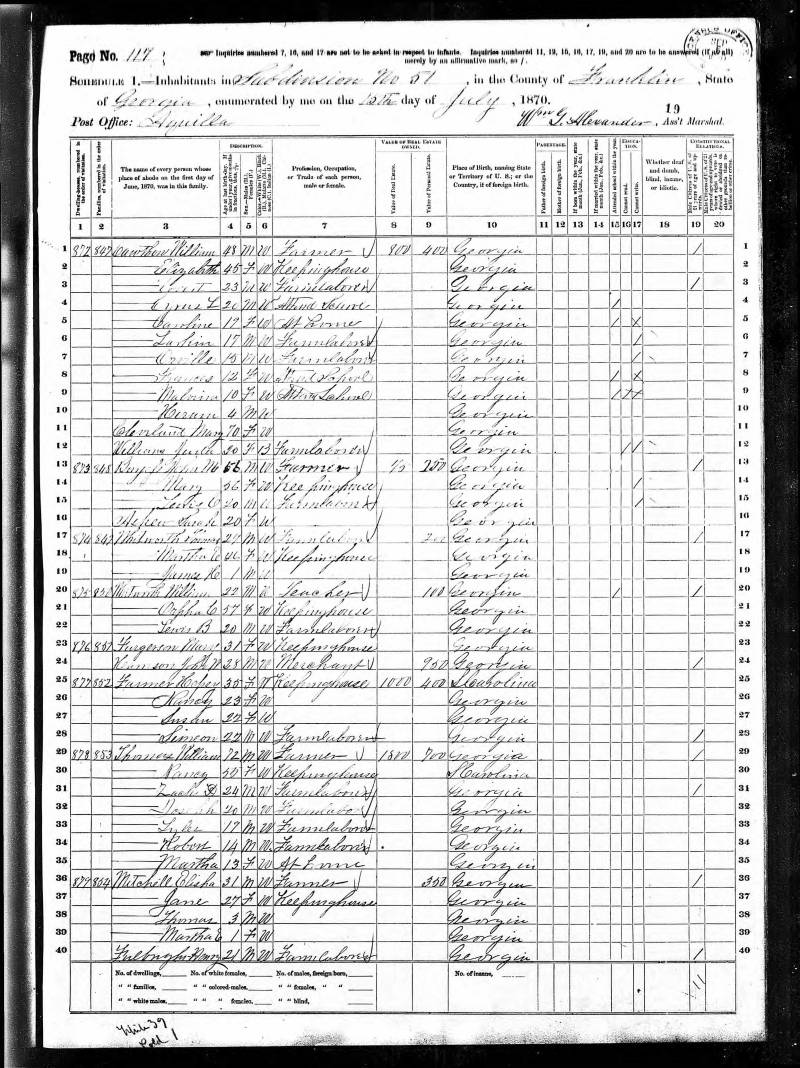 1870 U.S. Census. Elisha W. Mitchell's family begins on line 36.