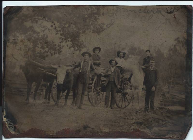 From far right; Thomas J. Clark, Lula Adams (wife - on horse) and John Wesley Adams (sitting on wagon). This is from a "tin type" picture. Date unknown. From far right; Thomas J. Clark, Lula Adams (wife - on horse) and John Wesley Adams (sitting on wagon). This is from a "tin type" picture. Date unknown.