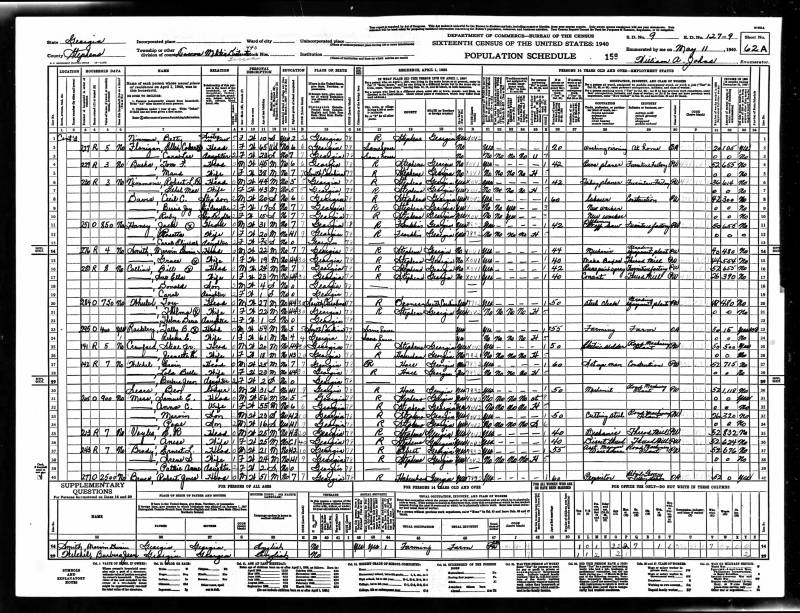 1940 U.S. Census. Ernest Lawton Brady's family begins on line 37.
