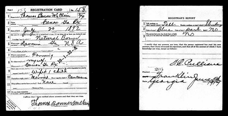World War I Selective Service (draft) “Registration Card” for Thomas Bonner McClain. Under the Selective Service Act, registration boards were re-structured as “local boards”. The “10-1-32-A” stamp simply means that the Provost Marshal General had designated that Franklin County “local board” as “10-1-32” with the “-A” indicating when the registration took place. Those with “-A” took place on June 5, 1917. Those with “-B” took place on August, 24, 1918. And those with “-C” took place on Sept. 12, 1918. Thomas Bonner McClain's "Registration Card" indicates that he was married and had 1 child.