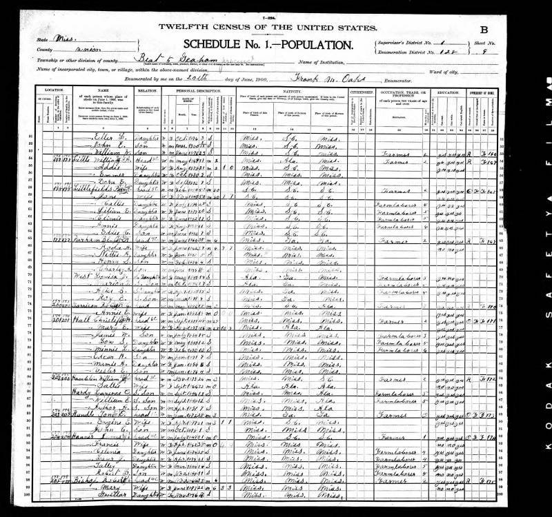 1900 U.S. Census. Thomas Oney Randle's family begins on line 89.