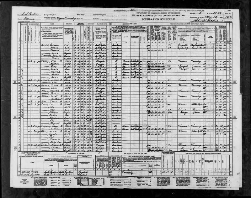1940 United States Federal Census, Sheet 14B. William C Shirley's family begins on line 78.