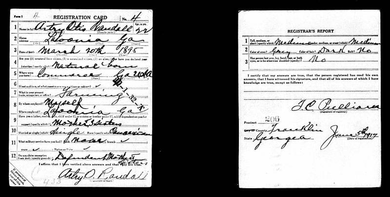 Artry Otis Randall - Military Draft "Registration Card" dated June 5, 1917.