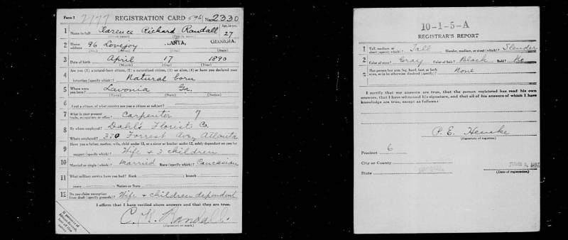 Draft Registration Card completed by Clarence Richard Randall on June 5, 1917.