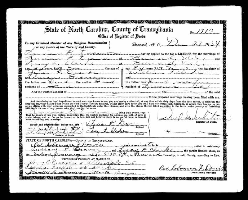 Marriage License for Lucian P. Deavor & Lucy Elizabeth Clarke.