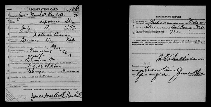 United States World War I Draft Registration Card, completed by Jones Marshall Randall, dated June 5, 1917. \\ Source: "United States World War I Draft Registration Cards, 1917-1918," index and images, FamilySearch (https://familysearch.org/pal:/MM9.1.1/KZZZ-YQN : accessed 24 January 2015), Jones Marshall Randall, 1917-1918; citing Franklin County, Georgia, United States, NARA microfilm publication M1509 (Washington D.C.: National Archives and Records Administration, n.d.); FHL microfilm 1,557,066.
