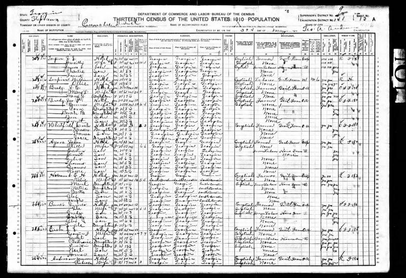 1910 U.S. Census. James Franklin Mealer Brady's family begins on line 11. He still lives next door to his father. James E. Brady's family begins on line 8.