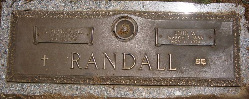 Gravestone for Jones Marshall Randall (July 12, 1892 - Oct. 23, 1974) and his wife, Mattie Lois Watson (March 2, 1886 - Nov. 11, 1974)