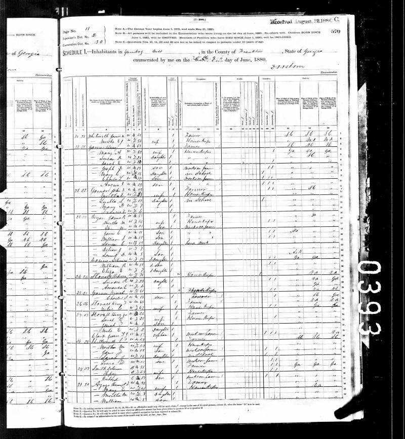 1880 U.S. Census. On this page, Jesse T.J. Clarke was an orphan living with Henry & Sarah Stovall. Jesse T.J. Clarke is listed on line 38.
