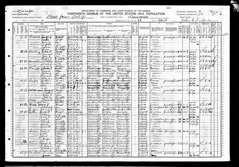 1910 U.S. Census. Isaac Randle's family begins on line 14. (His mother, Winnie Angeline Hardy Randle - misspelled as "Willie", appears on line 18)