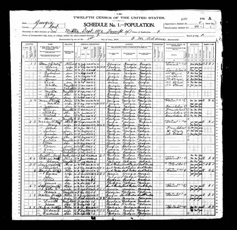 U.S. Census 1900. Labourn Hamilton Madden's family begins on line 20.
