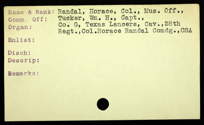 Texas, Muster Roll Index Cards, 1838-1900 for Horace Randal. \\ Source: Civil War Muster Rolls index Cards (both Confederate and Union). Also Texas State Rangers. Austin, Texas: Texas State Library and Archives Commission.