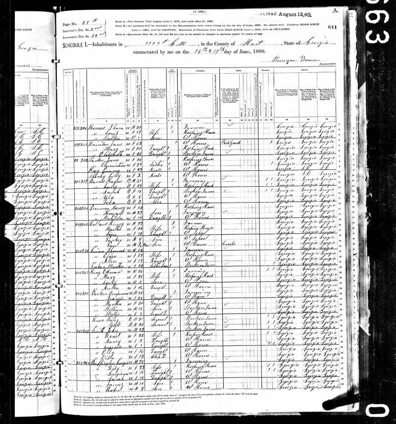 1880 U.S. Census, Thomas M. Gwinn's family begins on line 24.