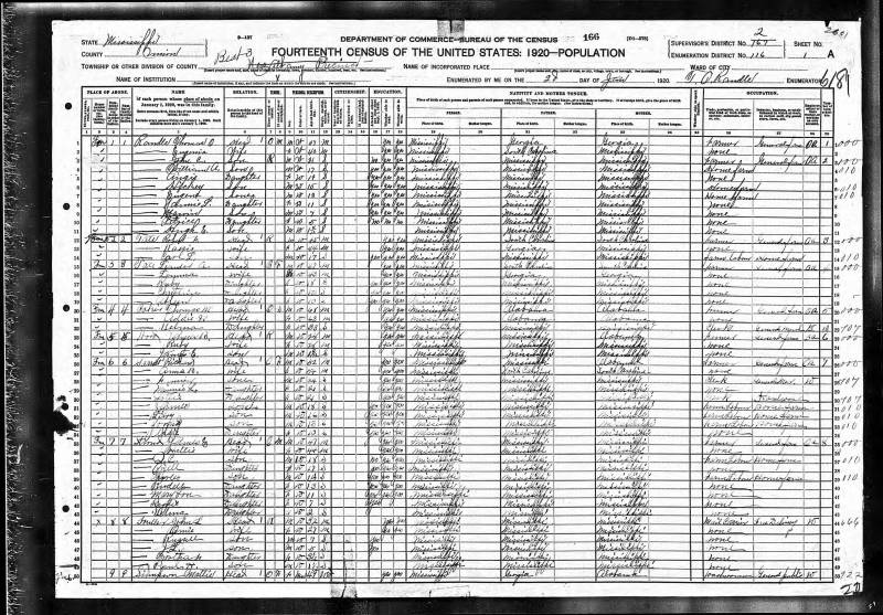  1920 U.S. Census. Thomas Oney Randale's family begins on line 1.