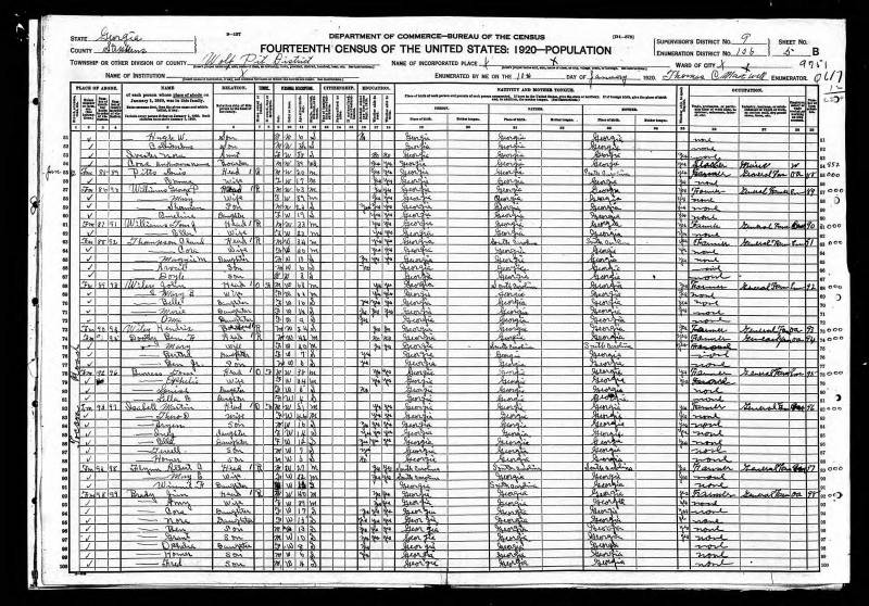 1920 U.S. Census. James Franklin Mealer Brady's family begins on line 92.
