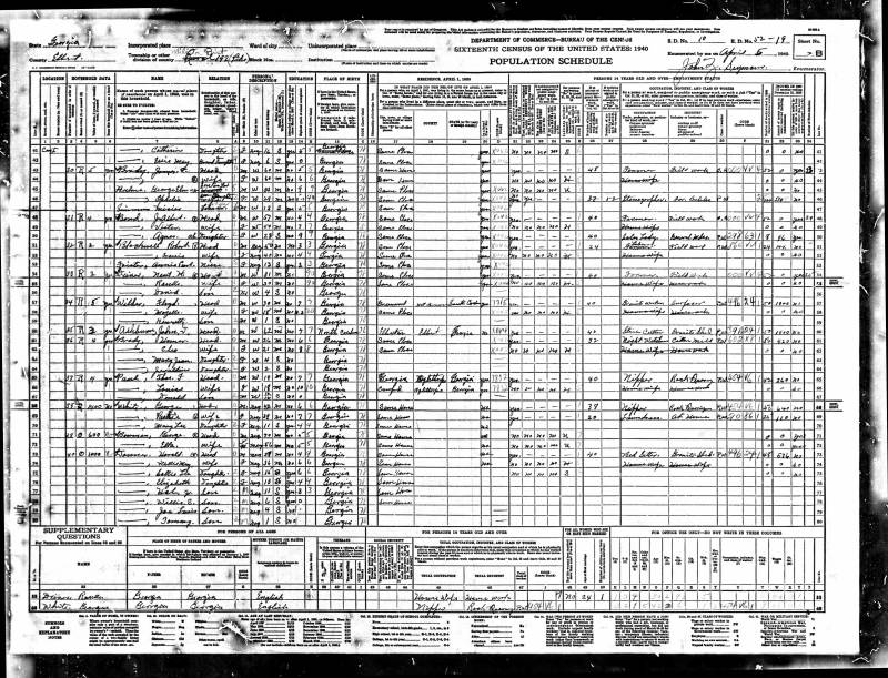 1940 U.S. Census. James Franklin Mealer Brady's family begins on line 43.